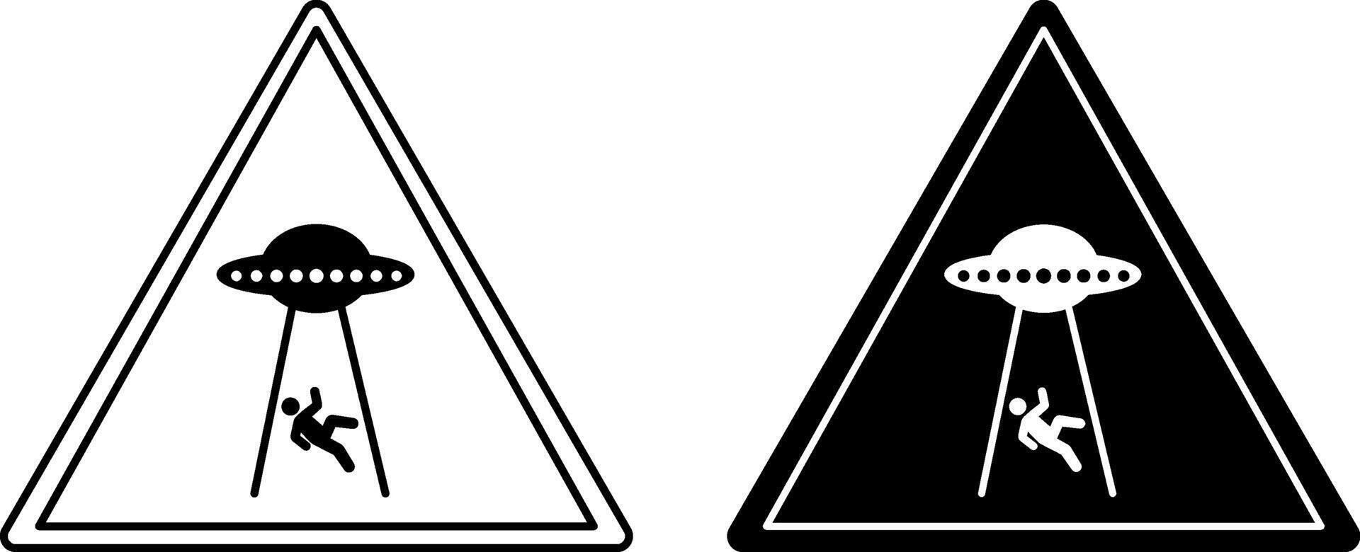 UFO Abducts Human From Earth Signs. Black and White Icons. Spaceship. Warning Road Sign vector