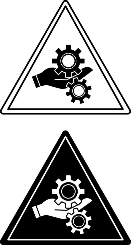 Entanglement Hazard Signs. Black and White Icons. Hand Got Tangled in Rotating Gears. Hand injury. Danger Warning Sign vector
