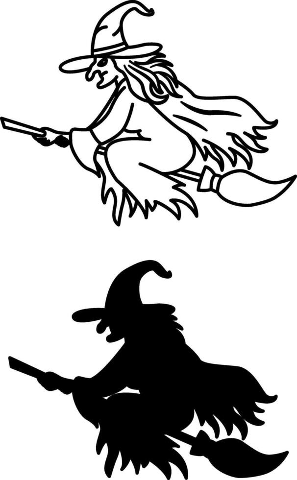 Witch Icons. Black and White Icons. Evil Witch Flying on Broom. Fairytale Character. Halloween Concept vector