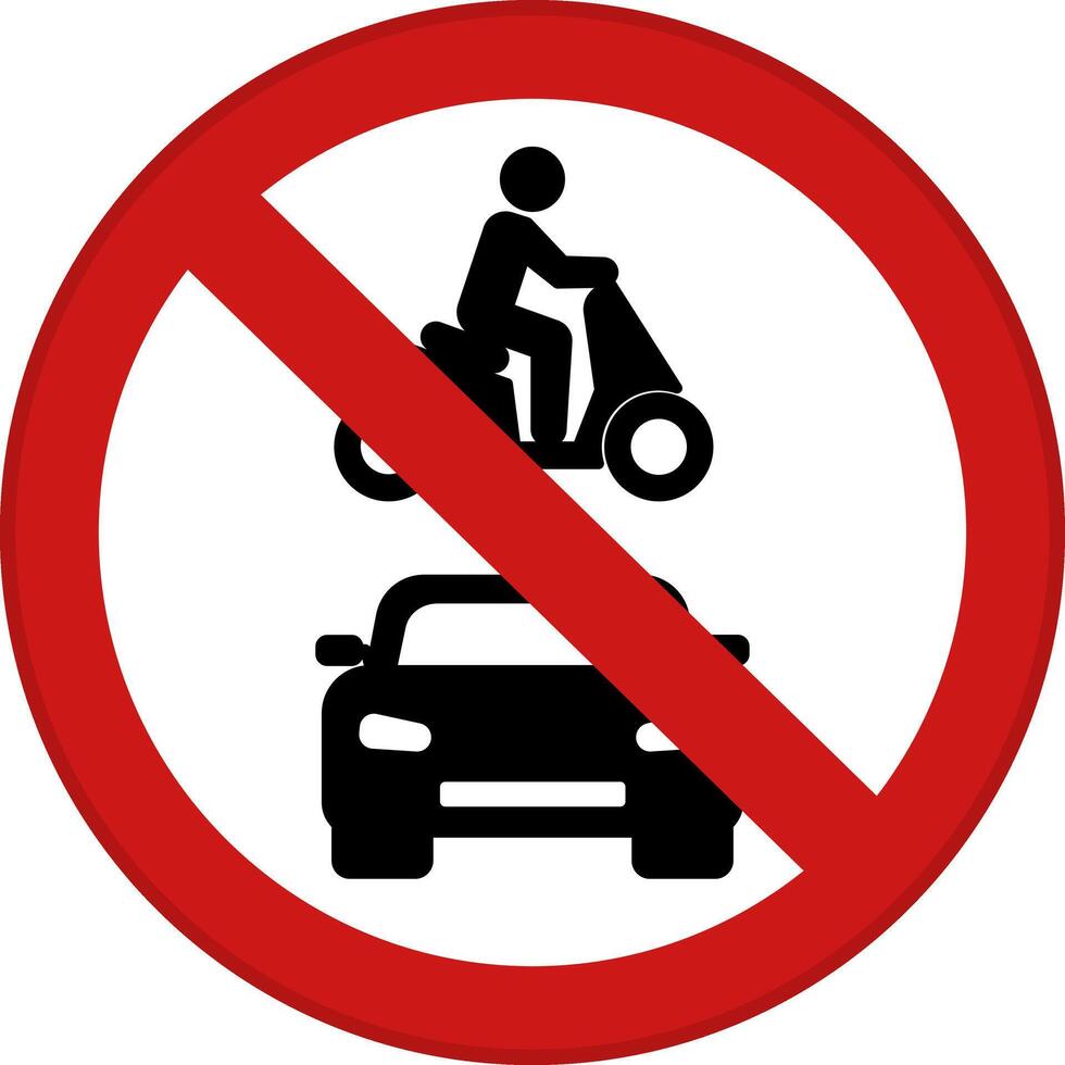 Red Sign All Motor Vehicles Prohibited. Warning Road Sign. Car and Person Riding Motorcycle. Icon vector