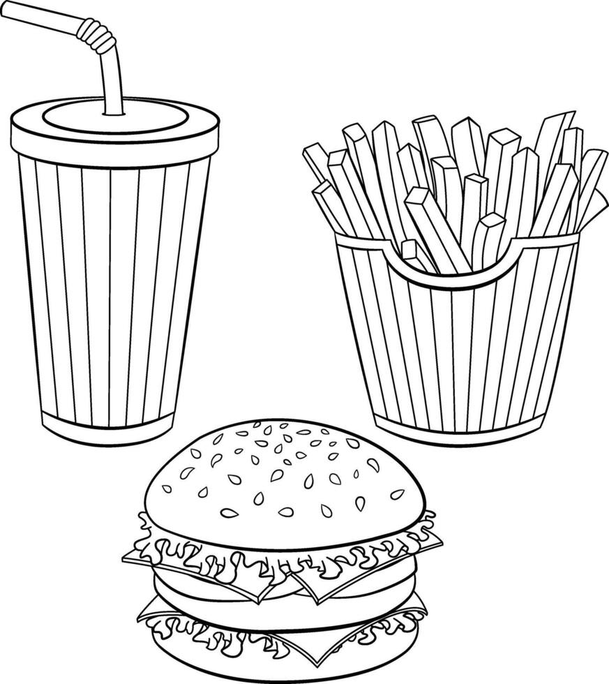 Fast Food Set for Coloring Pages. Burger, French Fries, and Glass of Soft Drink. Illustration of Delicious Food. Cafe or Restaurant Menu Design vector