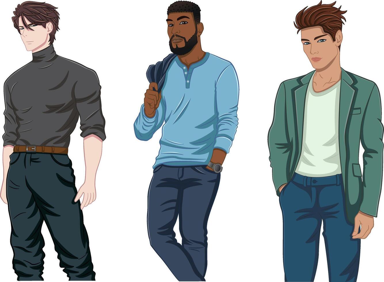 Set of Handsome Young Men. Illustration of Stylish Men Fashion Models vector