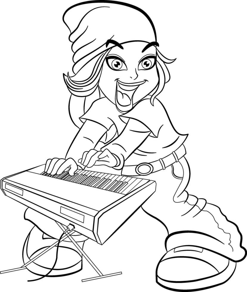 Funny Girl Playing the Synthesizer for Coloring Book. Illustration in Youth Style. Electric Piano vector