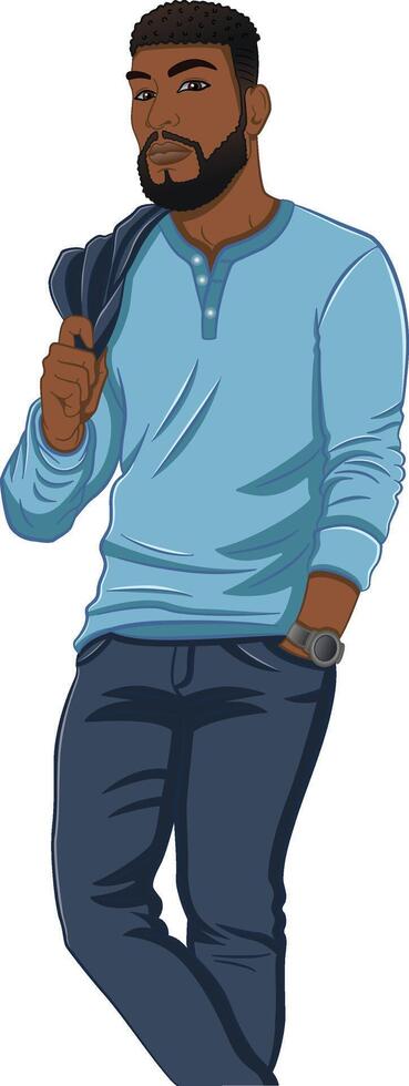 Handsome African American Male Model. llustration of a Stylish Young Man. Fashion model Posing. Urban casual style vector