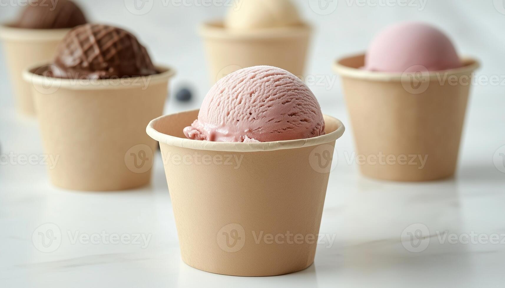 Ice cream scoop on craft paper cup disposable take away cold dessert in white table photo