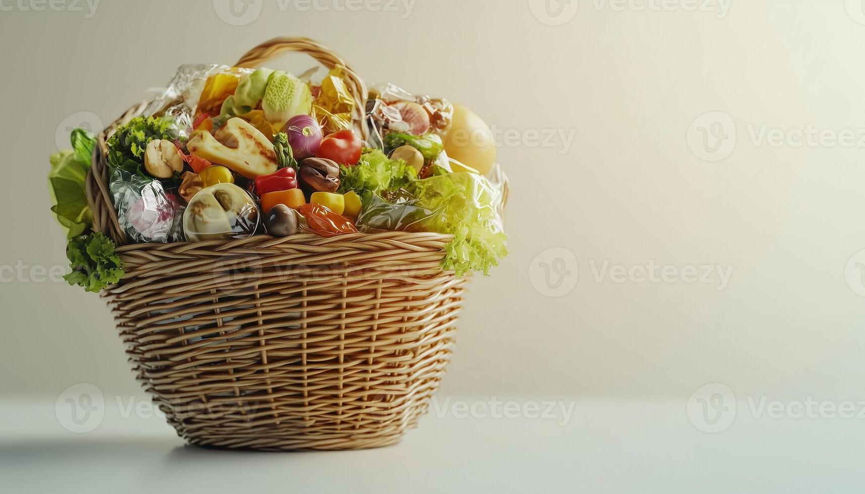 Plastic waste after shopping in grocery on rattan basket white background photo