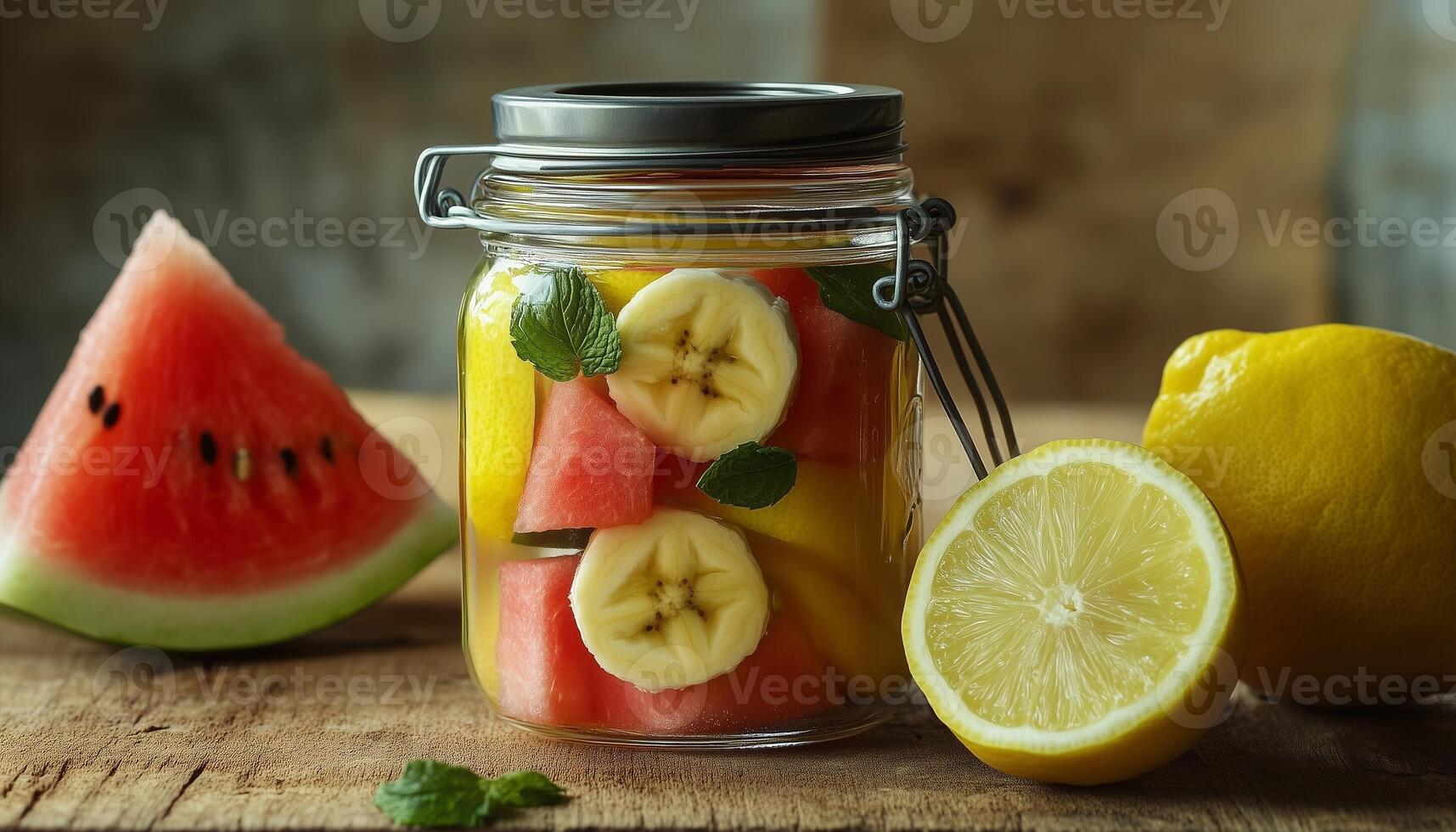 A glass jar filled with banana slices, orange and watermelon in wooden table photo