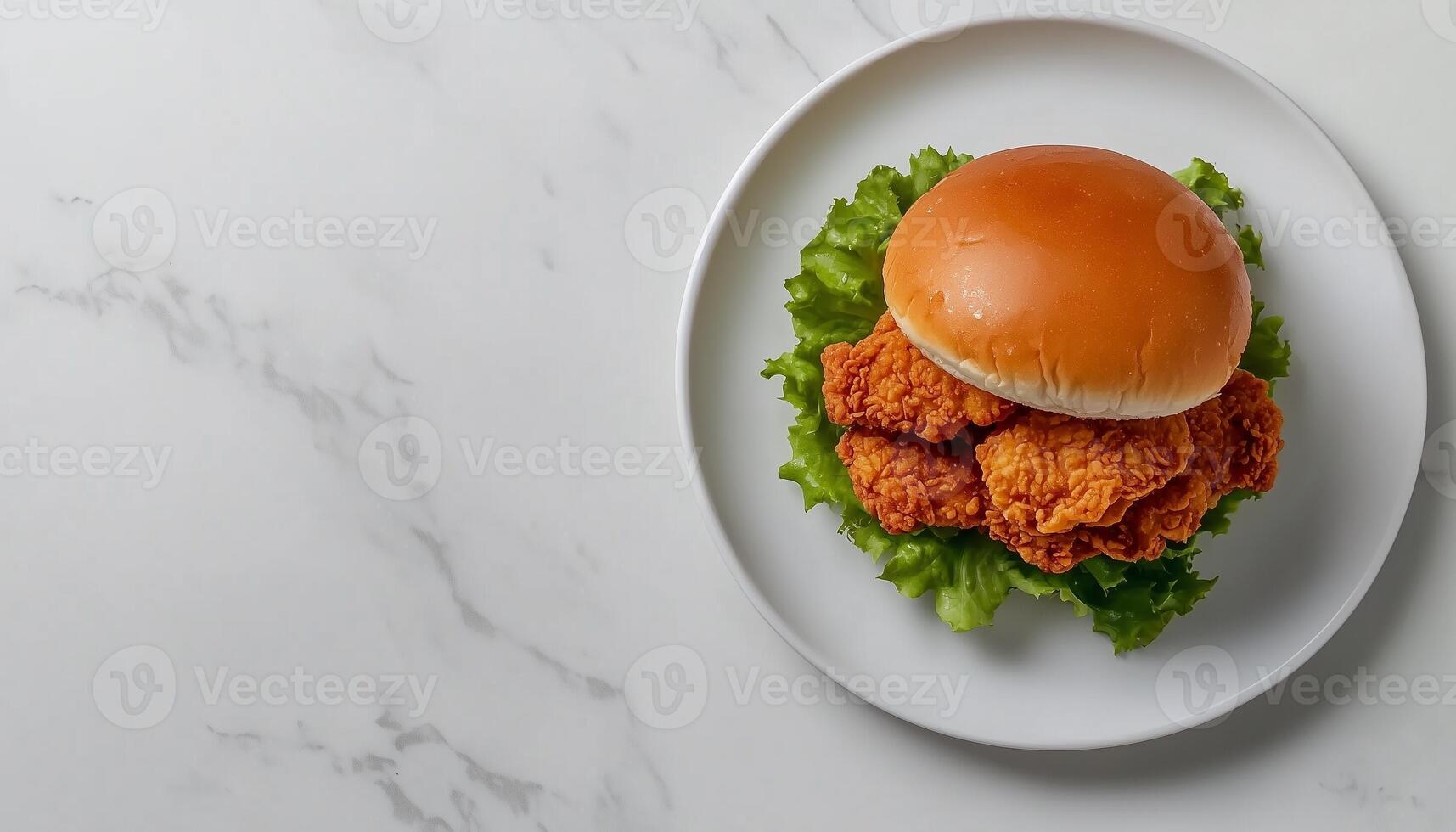 Fried chicken sandwich meal with bun bread and lettuce on white plate photo
