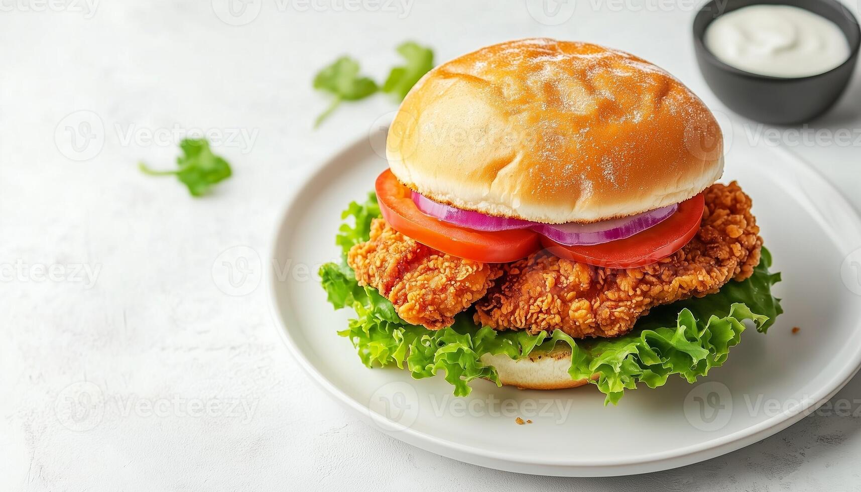 Fried chicken sandwich meal with bun bread and lettuce on white plate photo