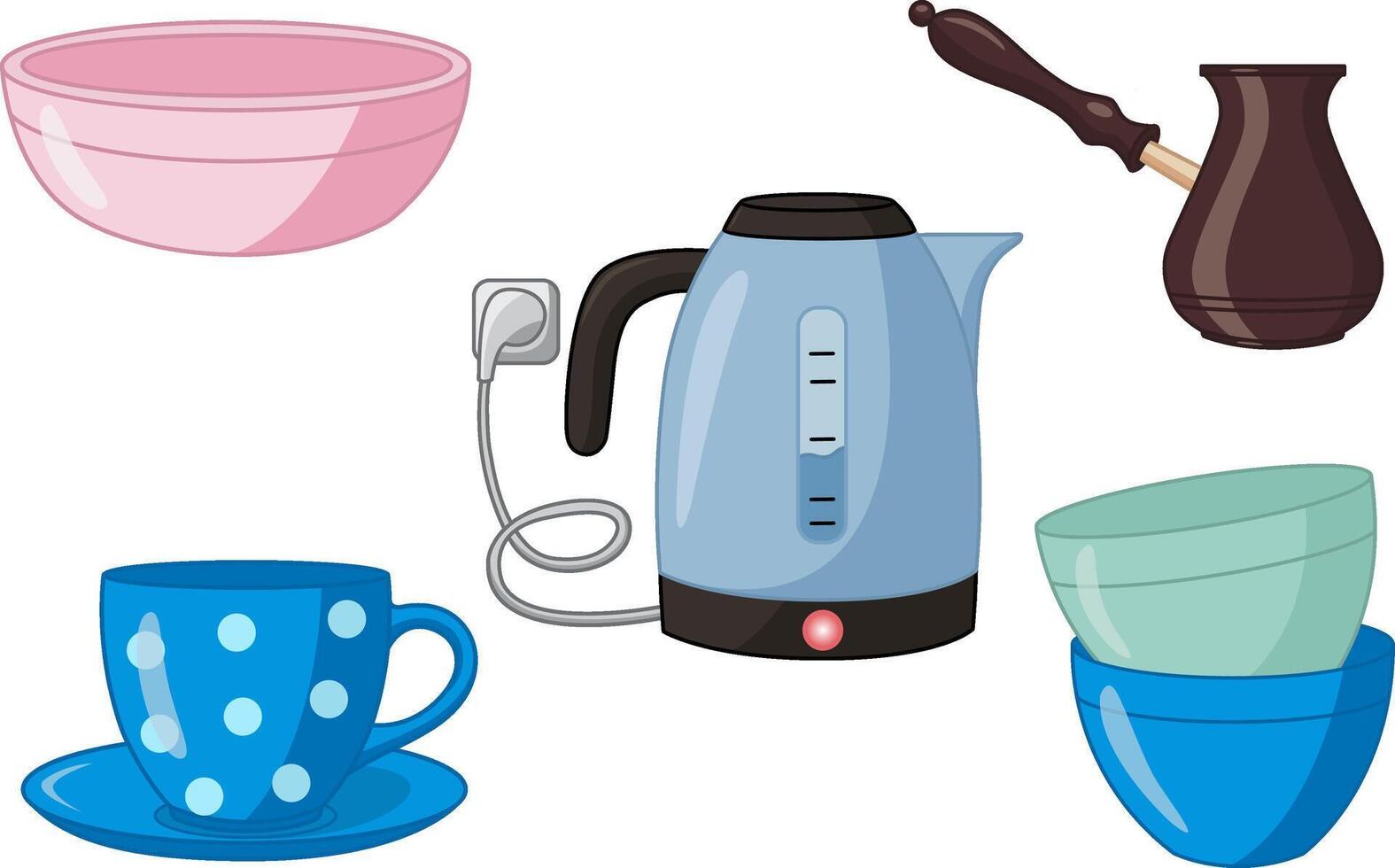 Set of Kitchen Utensils. Illustration of Electric Kettle, Plates, Coffee Pot, and Cup and Saucer vector