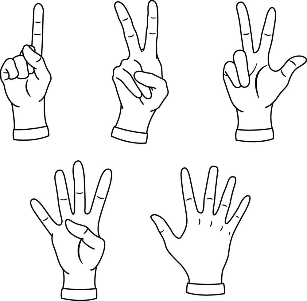 Hands Showing Numbers for Coloring Book. Cartoon Hands Counting from One to Five. illustration vector