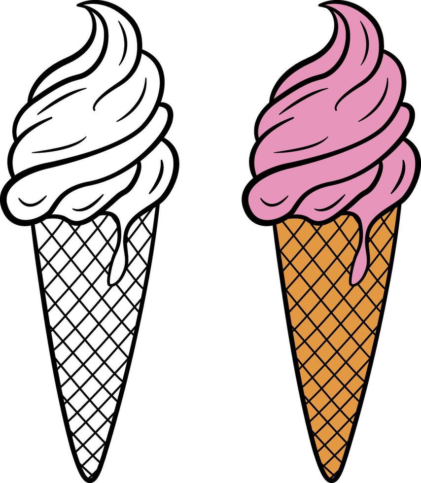 Pink Ice Cream for Coloring Page. Illustration of Delicious Ice Cream in a Waffle Cone vector