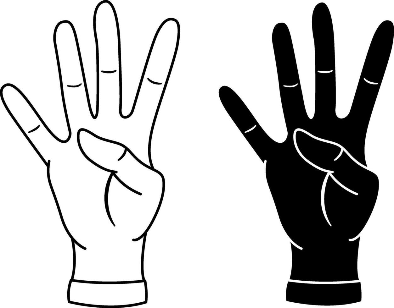 Hand Icons Show Number Four. Black and White Icons with Four Thumbs Up. Counting by fingers. Illustration for Children Education vector