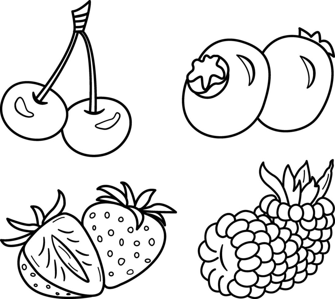 Set of Ripe Berries for Coloring Pages. Illustration of Juicy Cherries, Strawberries, Raspberries, and Blueberries vector