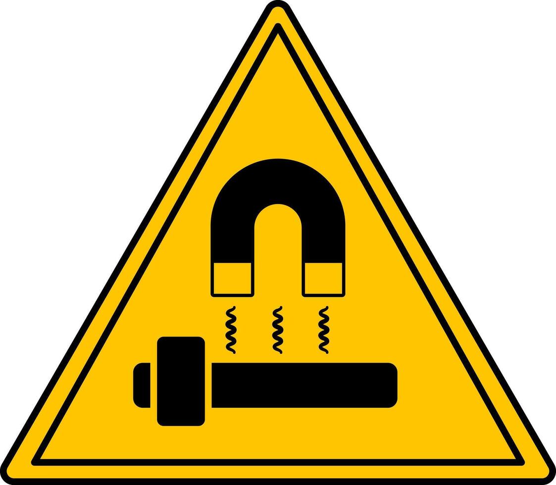 Yellow Sign Block Magnet. Icon. Magnet Attracting Iron Axe. Danger Warning Sign vector