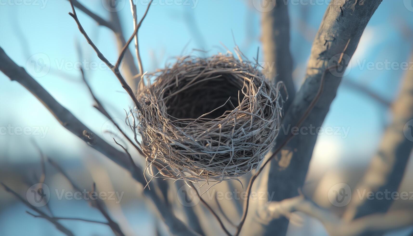 twig animal nest in tree new born house habitat with blue sky blurred background photo