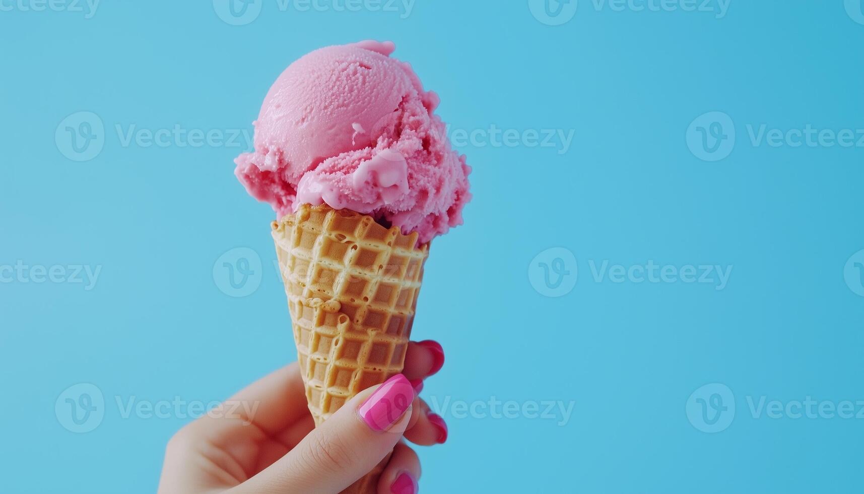 Female hand holding a waffle cone ice cream sweet dessert copy space blue background photo