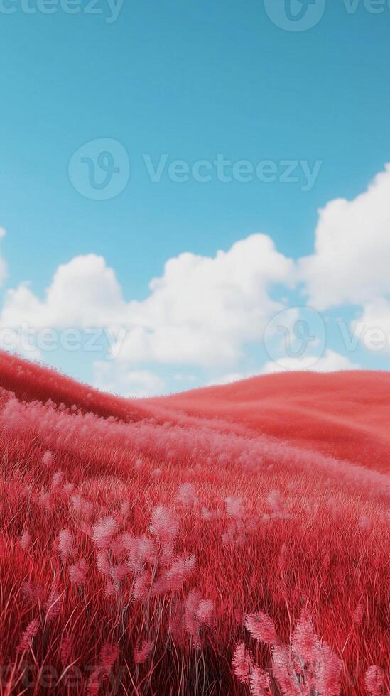 Red grass on hill and blue-sky view with clouds nature environment photo