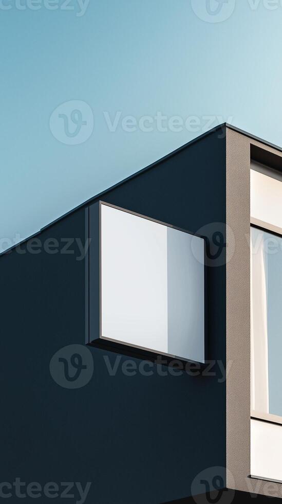 A modern outdoor white wall-mounted square sign mockup with a minimalist black wall design photo