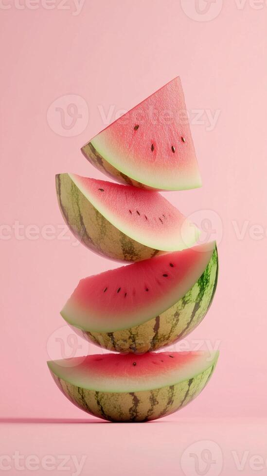 A stack of watermelon fruit balancing on top with solid background photo