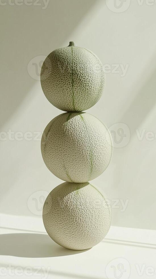 A stack of melon fruit balancing on top with solid background photo