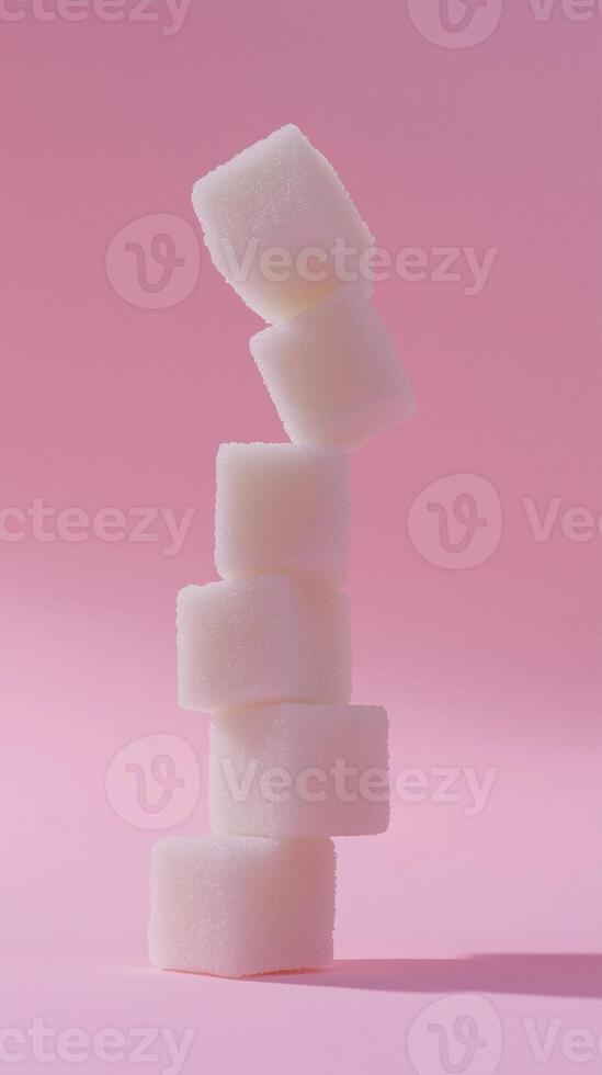 A stack of crystal sugar cube balancing standing concept solid background photo