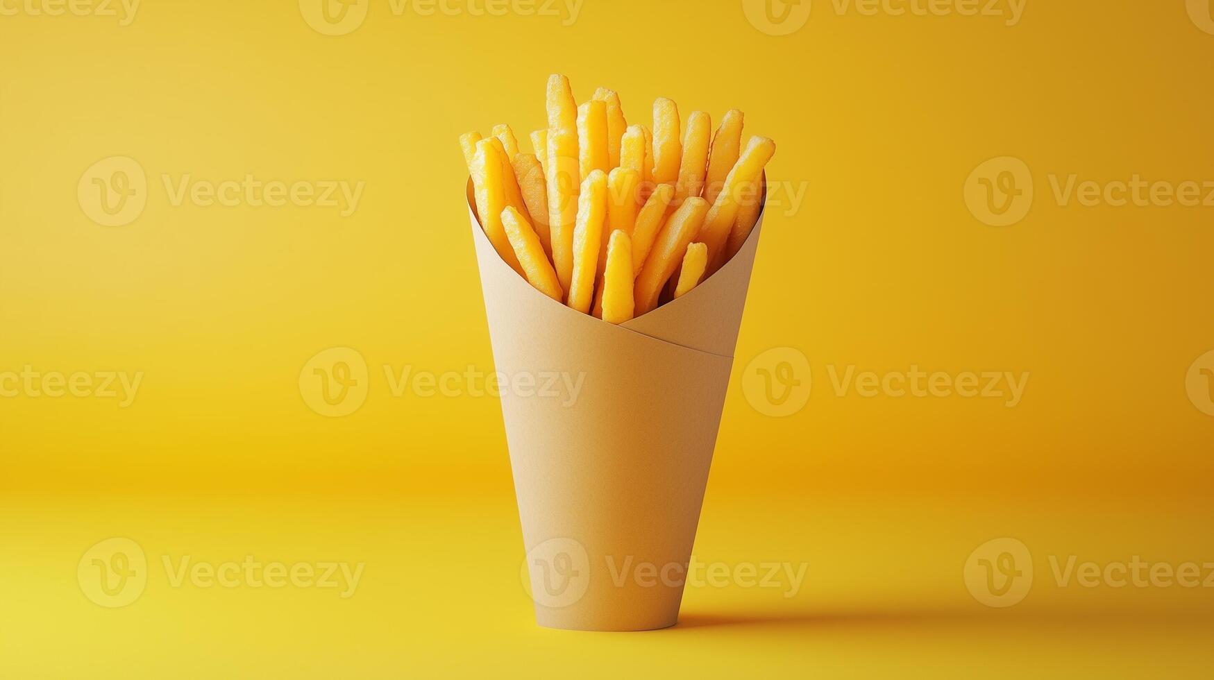 Potato fries stick crispy salty snack on brown paper wrapping eco friendly no plastic photo