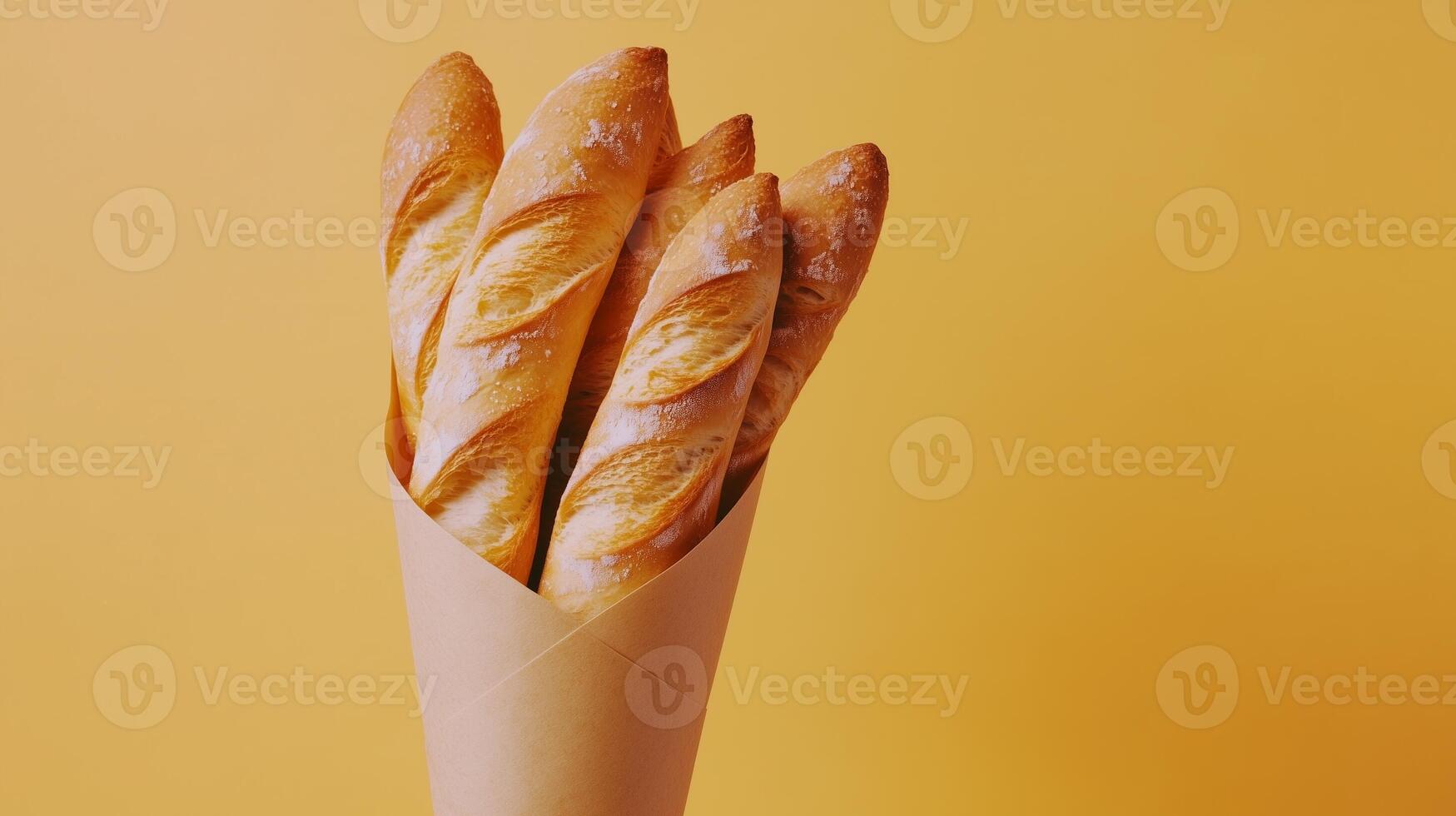 Baguette breads wrapped in brown paper cone closeup solid background photo