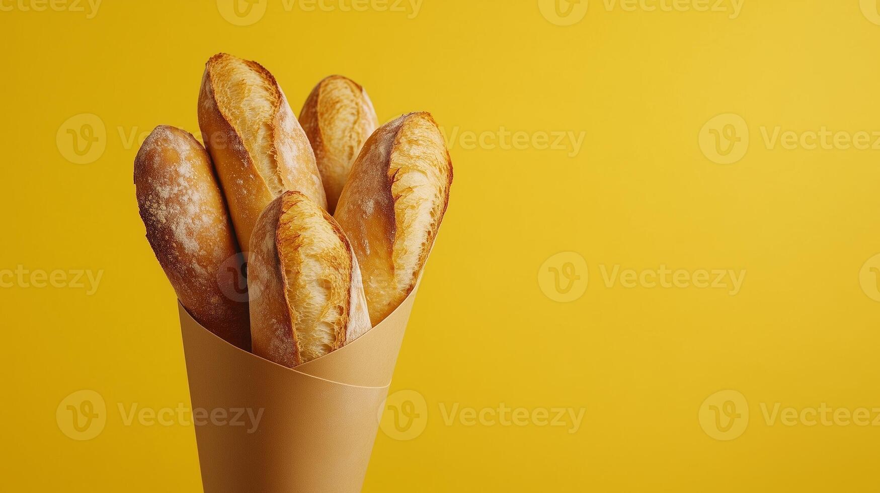 Baguette breads wrapped in brown paper cone closeup solid background photo