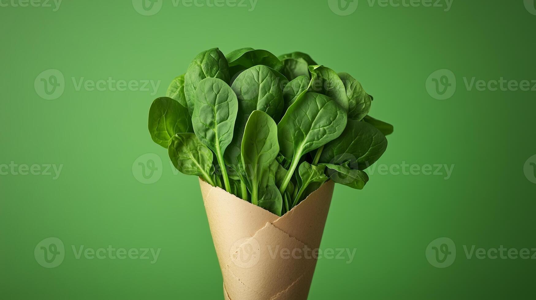 Spinach vegetable on brown paper grocery cone bag eco friendly package photo