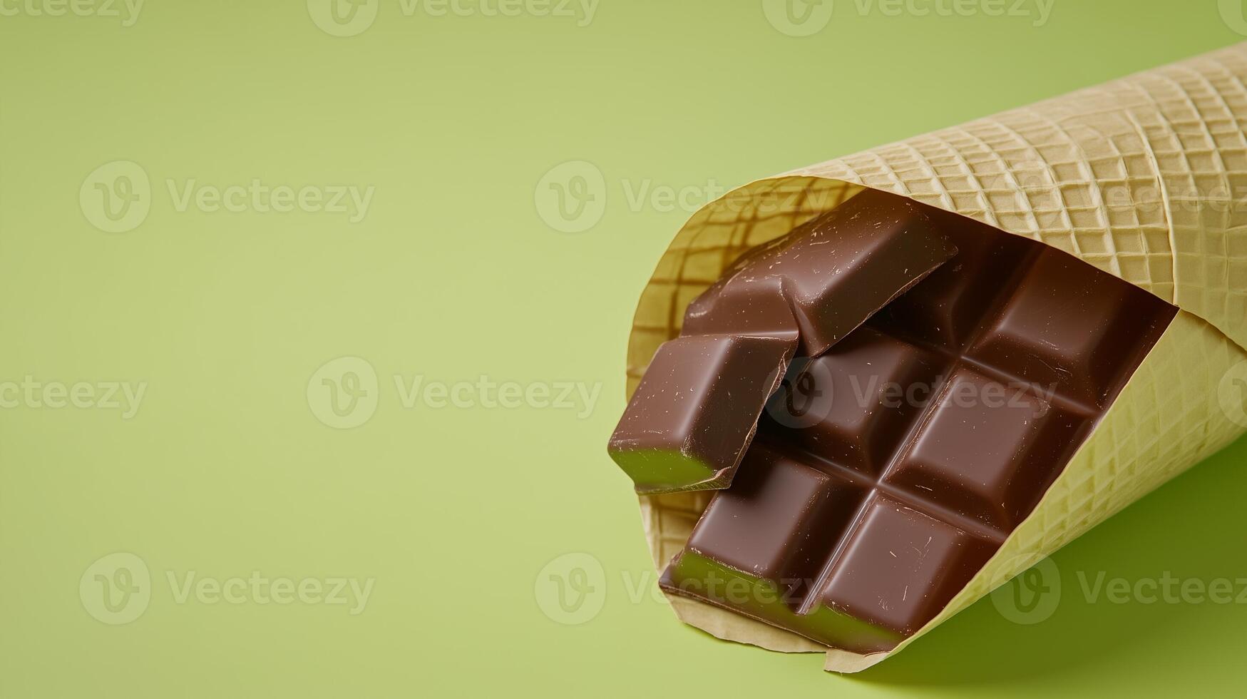 Chocolate bar on waffle crispy flat bread wrapped on solid background photo