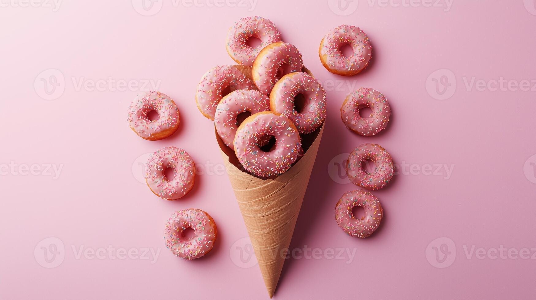 Donut waffle wrapped with topping strawberry on waffle flat cone wrapped copy space background photo