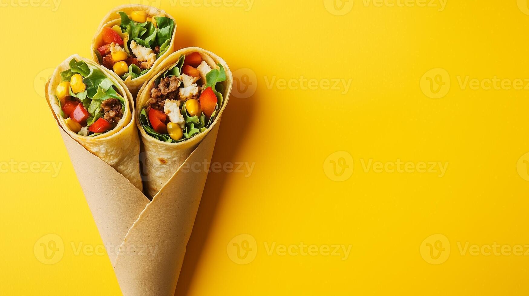 Buritto with vegetable and flat bread on paper wrapped delivery copy space background photo