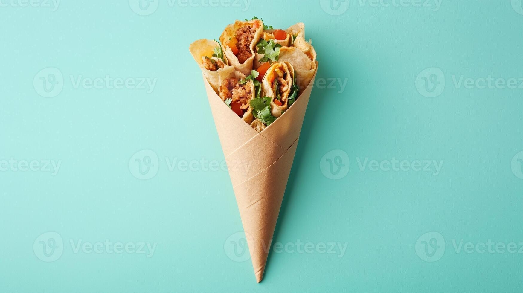 Buritto with vegetable and flat bread on paper wrapped delivery copy space background photo