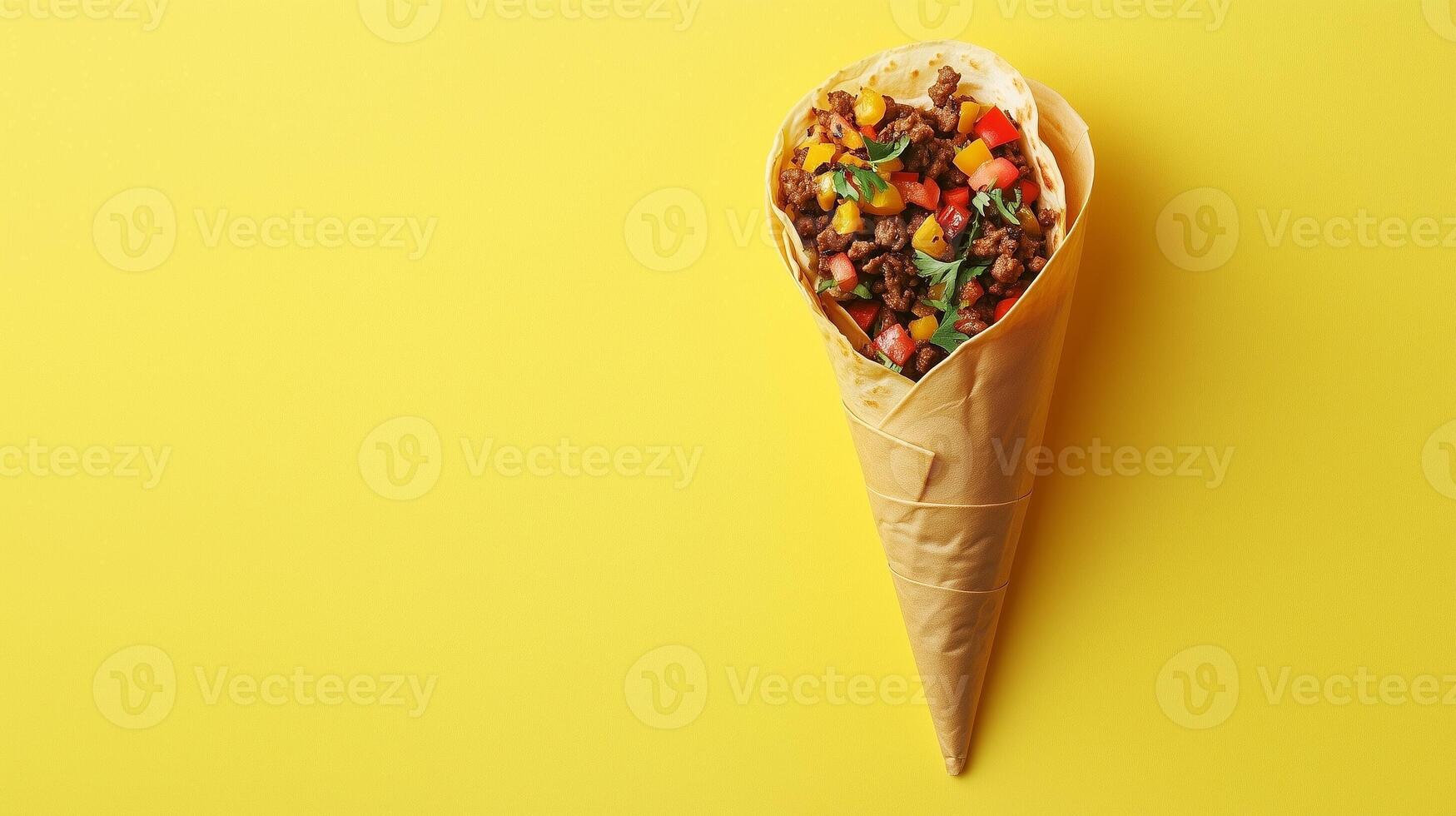 Buritto with vegetable and flat bread on paper wrapped delivery copy space background photo