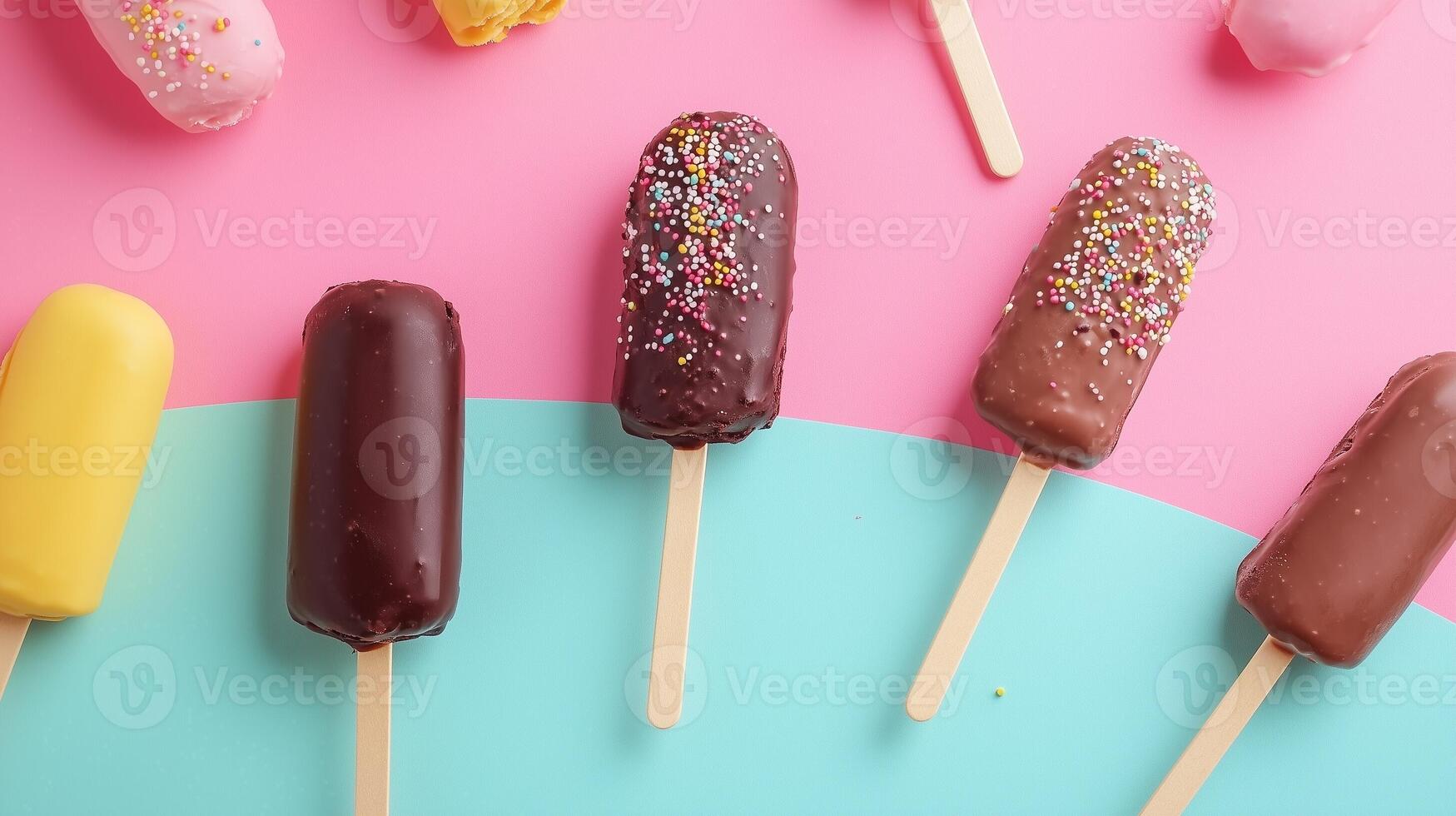 Fresh fruity chocolate ice cream popsicle frozen sweet snack healthy food homemade on summer photo