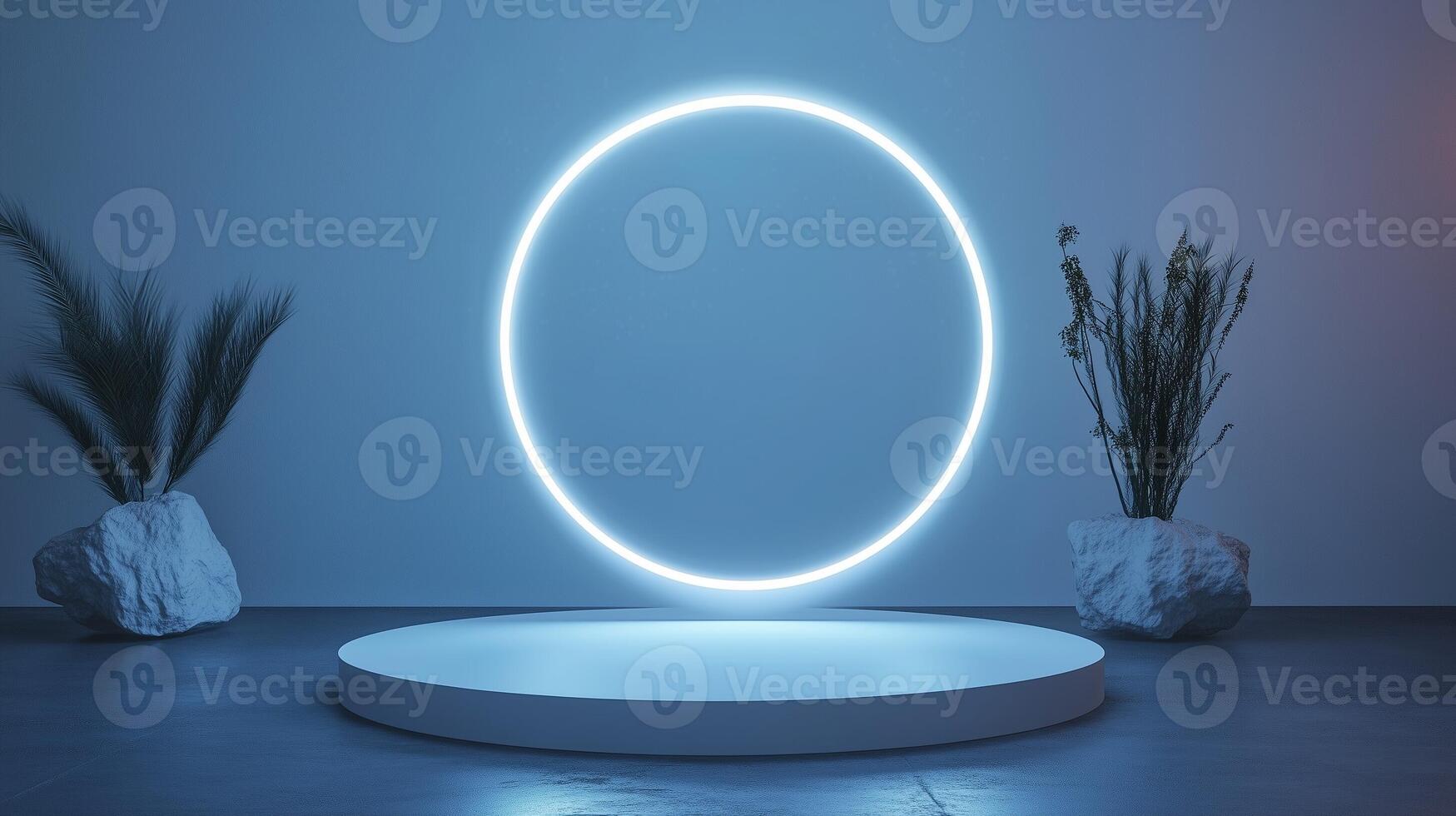 Circle white neon light technology podium stage presentation in room modern technology photo