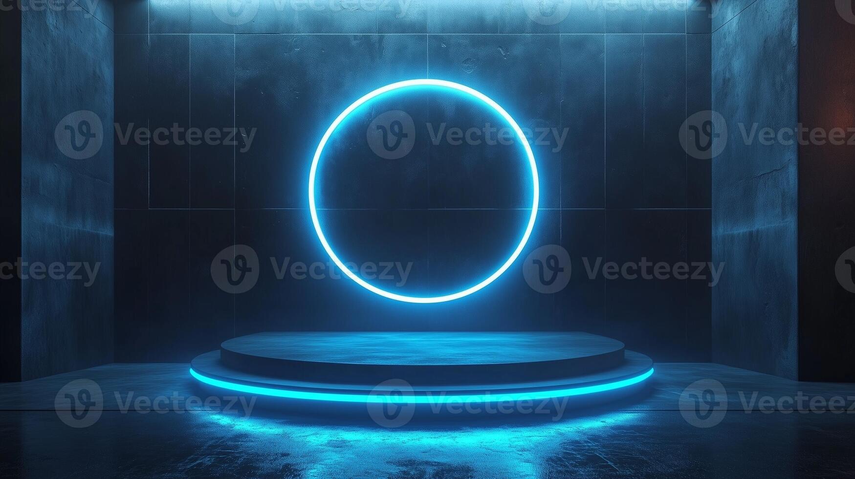 Circle blue neon light technology podium stage presentation in room modern technology photo