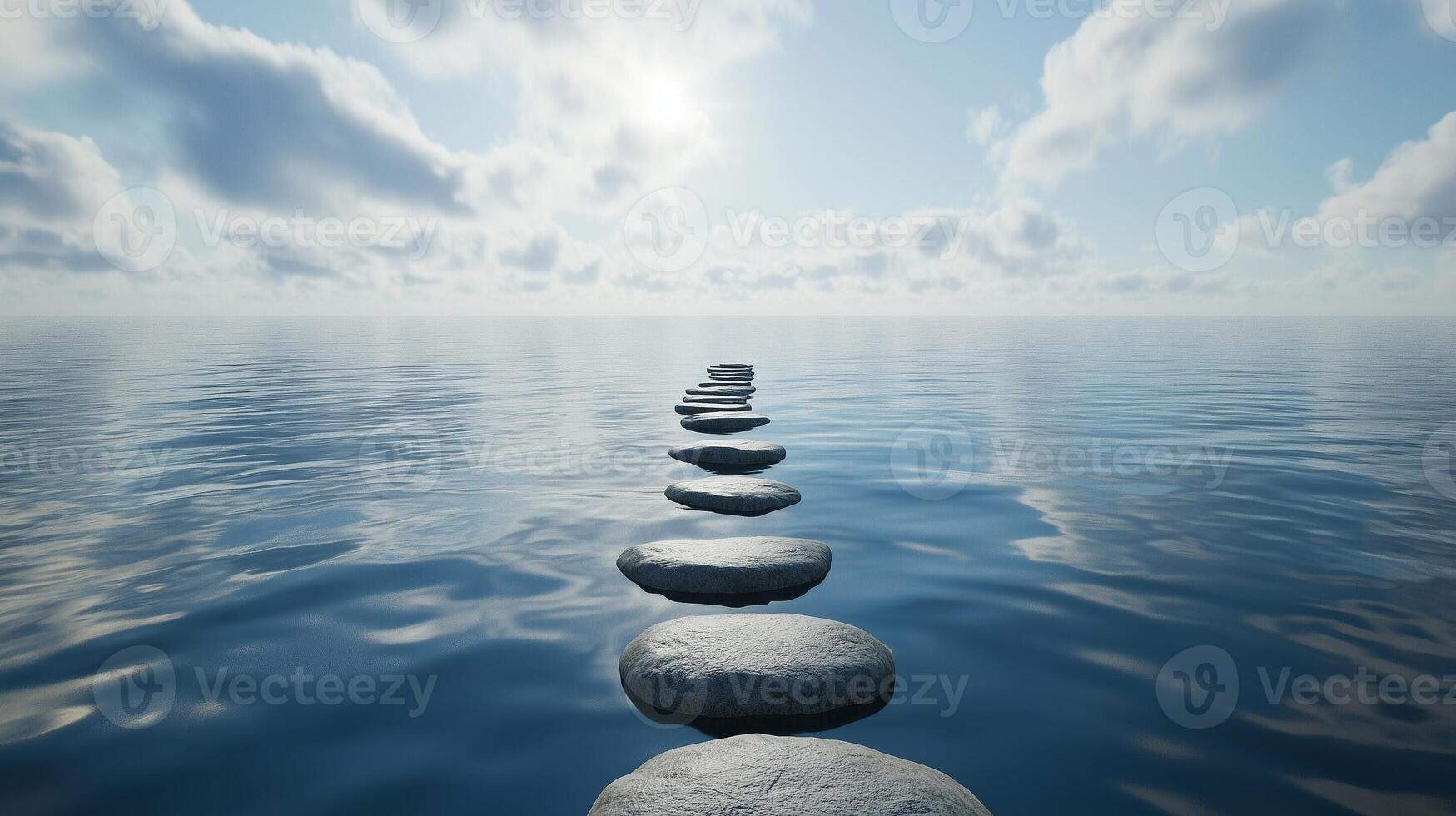 Stepping grey stones with texture forwarding in beach sand and ocean water with bright sky photo