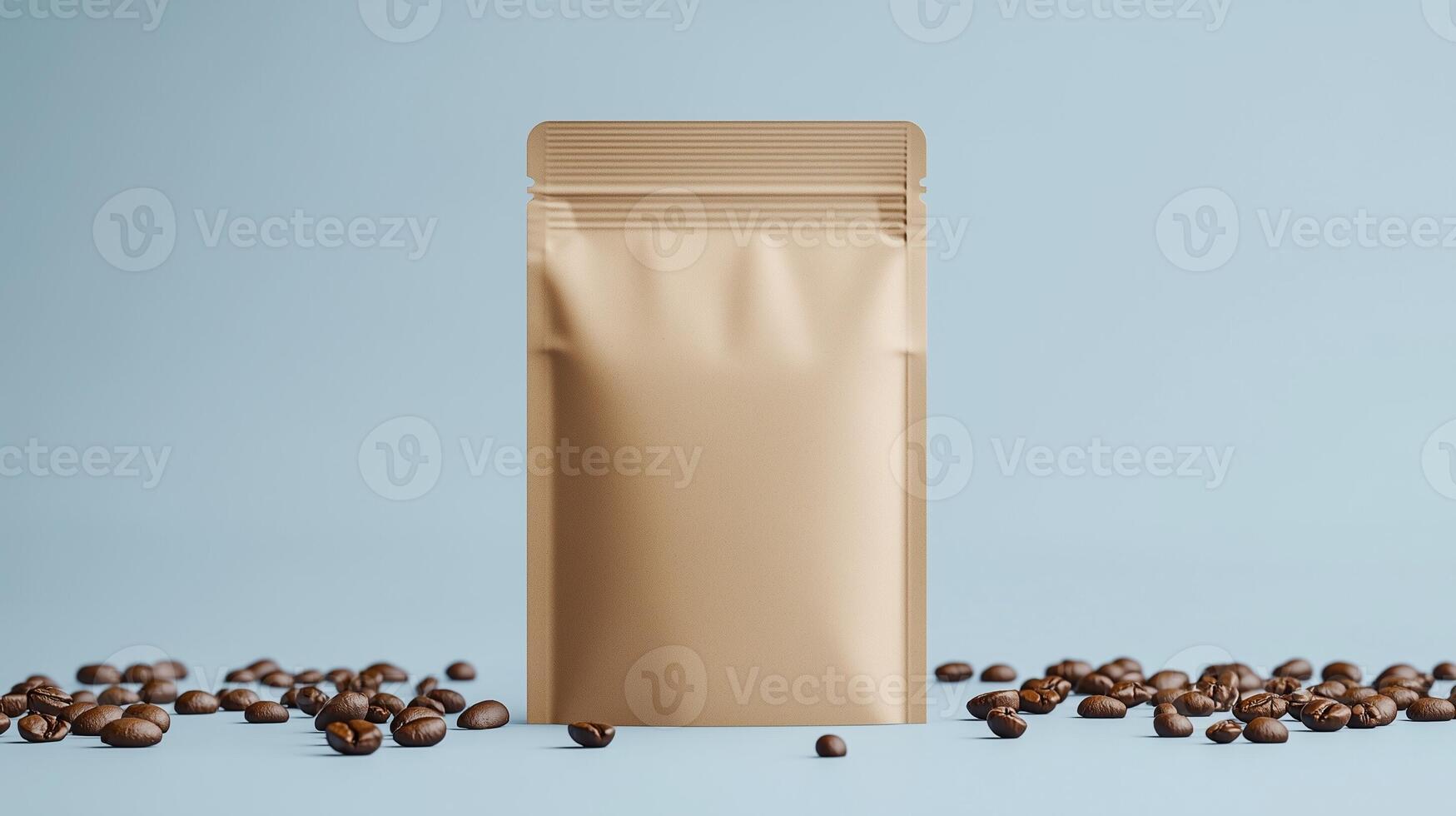 Brown blank mockup coffee packaging zipper pouch and coffee beans decoration photo