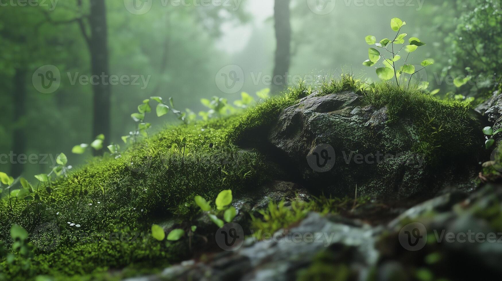 Deep green forest with rocks covered by moss, leaves, grass freshness nature environment photo