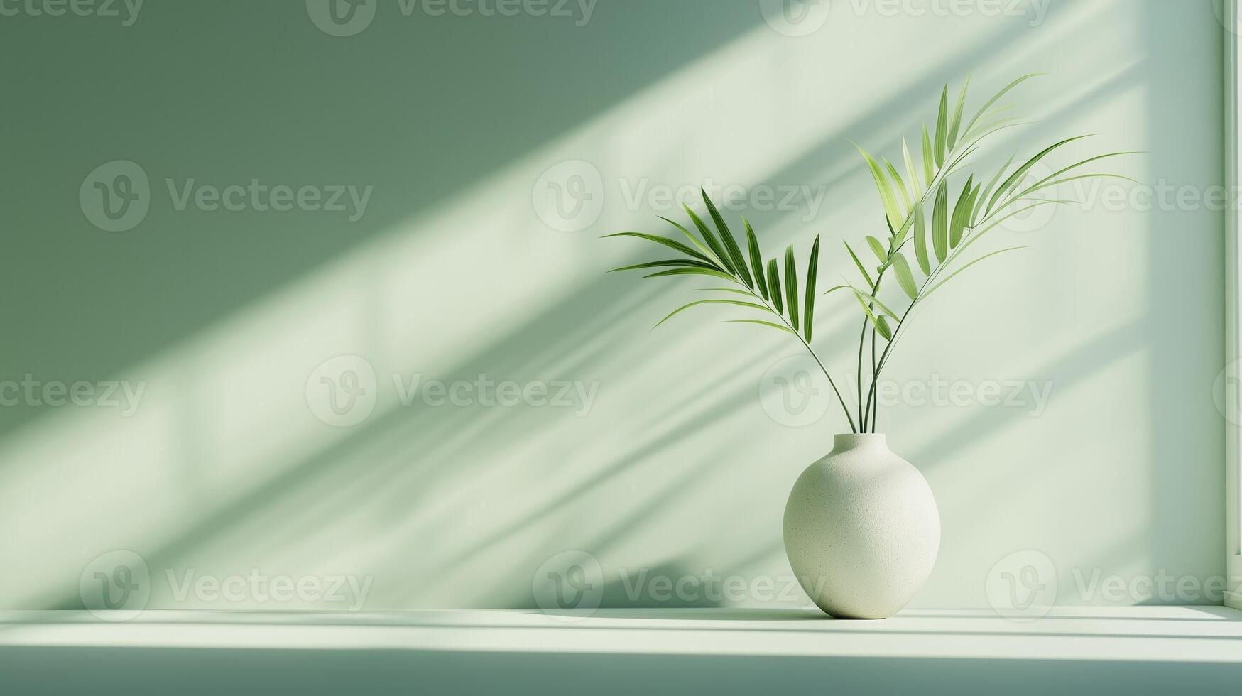 Blue wall cement blank with sun bright shadow from window and pot tree photo