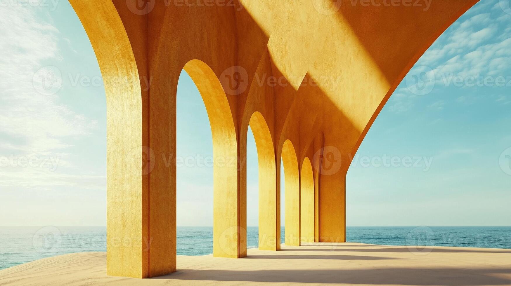 Historical yellow architectural arches ancient beauty wall gate on sandy beach with blue sky photo