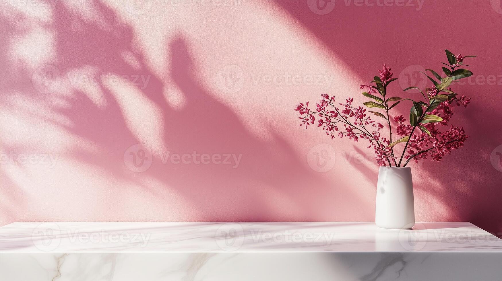Table top white marble counter copy space cement wall with shadow sunlight from flower vas photo