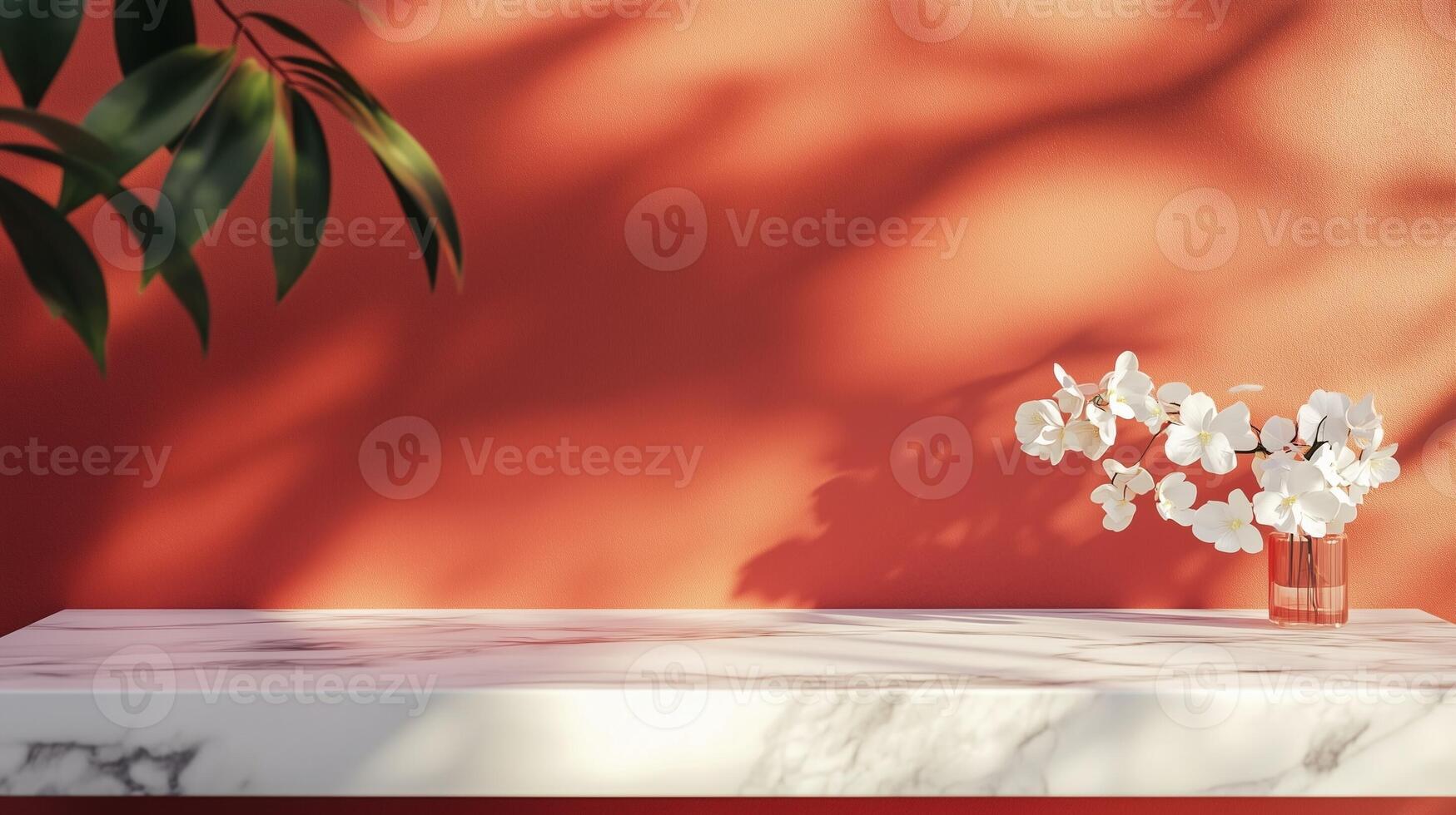 Table top white marble counter copy space cement wall with shadow sunlight from plant photo