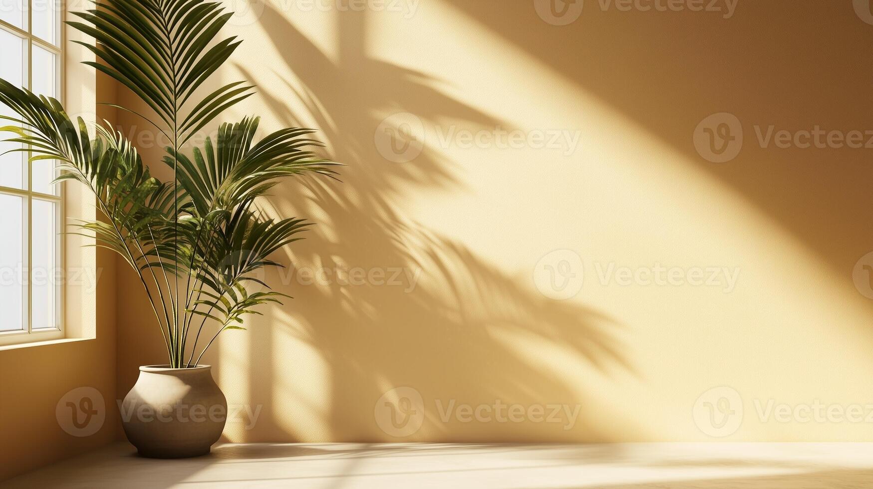 Earth tone wall cement blank with sun bright shadow from window and palm tree photo