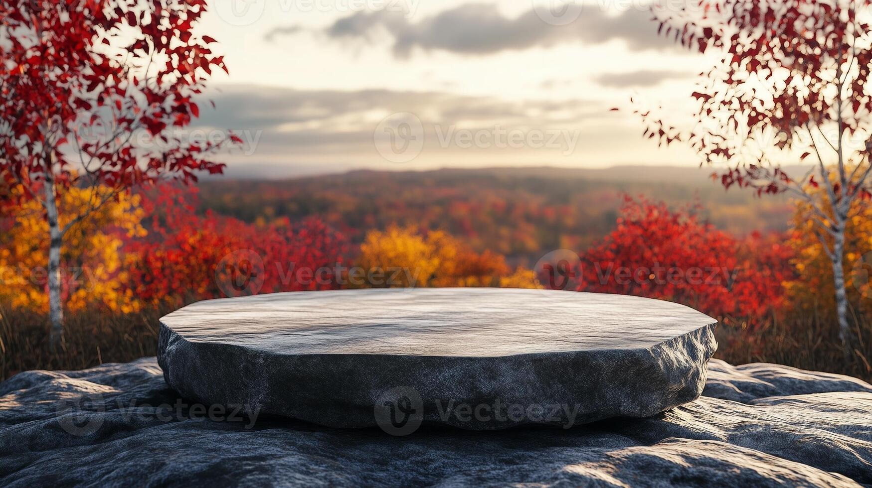 Stone podium stage on edge mountain and valley view nature in autumn forest photo
