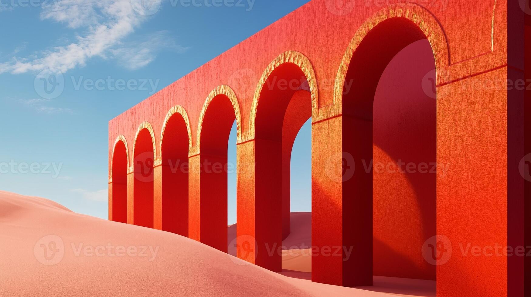 Historical red architectural arches ancient beauty wall gate on sandy beach with blue sky photo