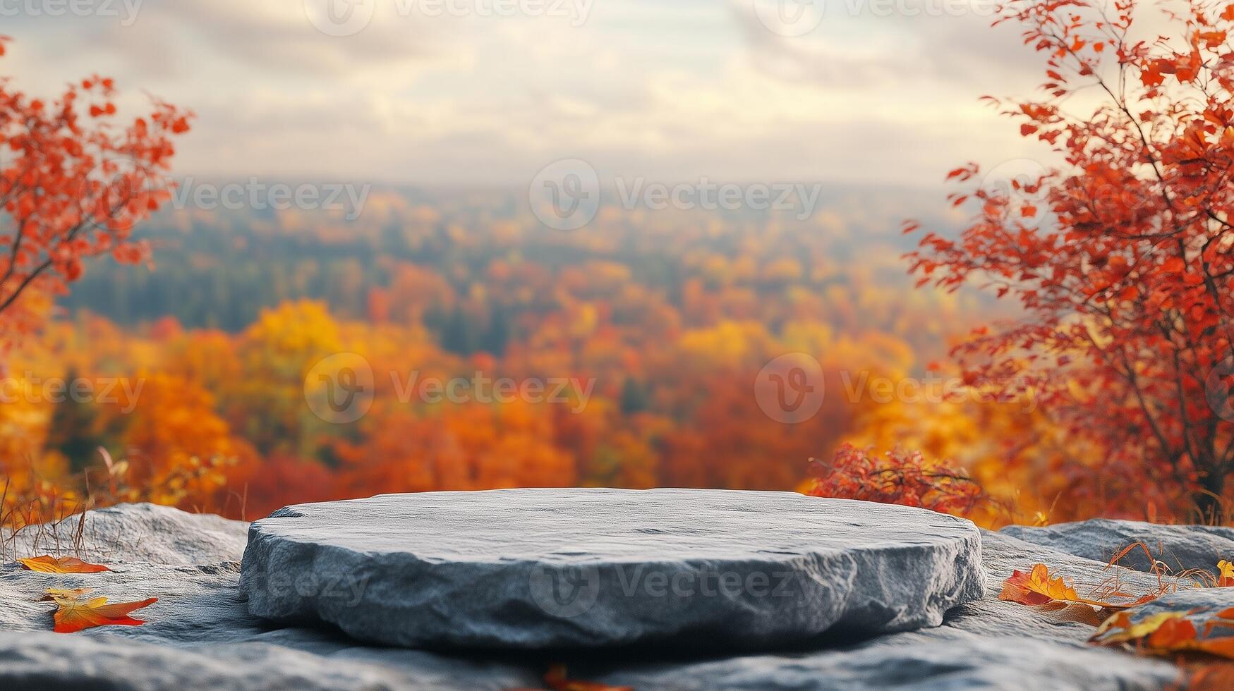 Stone podium stage on edge autumn and valley view nature in winter forest photo