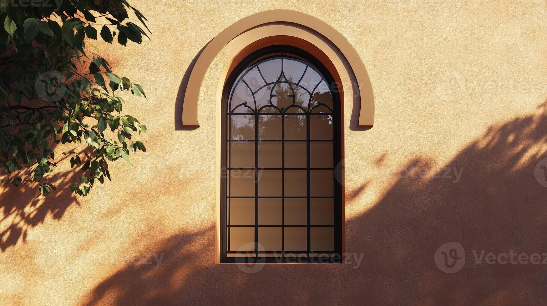 Aesthetic arch window shape on brown wall with shadow leaves tree classing building architecture photo